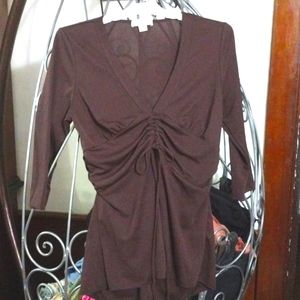 David Loren Women's Chocolate Blouse. Gathers under Breasts & Ties 3/4 Sleeves L
